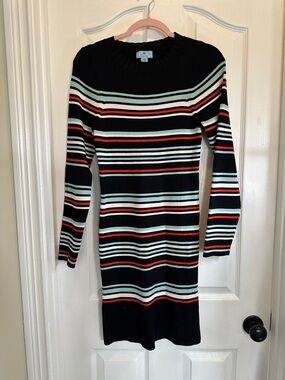 CeCe Black Ribbed Long Sleeve Dress with Mint & Red Stripes